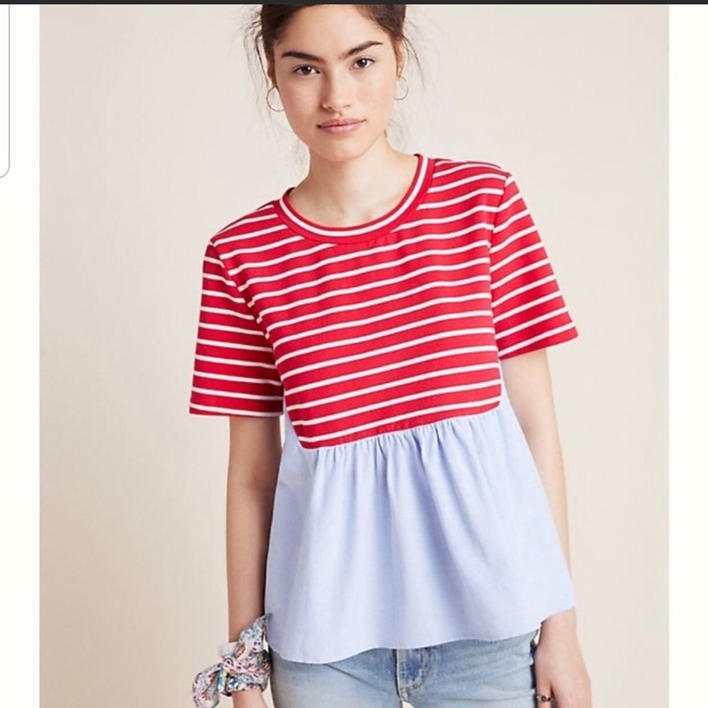 Anthropologie red and white peplum top